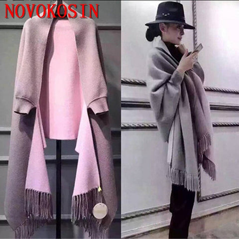 SC2 2018 Oversize Out Wear Scarf Winter Knitted Poncho Women Solid Design Cloak Female Long Batwing Sleeves Coat Vintage Shawl