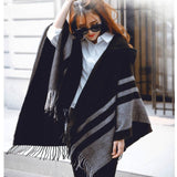 High quality women winter scarf fashion striped black beige ponchos and capes hooded thick warm shawls and scarves femme outwear