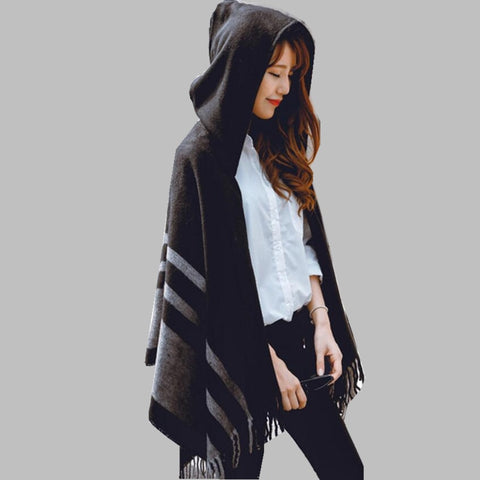 High quality women winter scarf fashion striped black beige ponchos and capes hooded thick warm shawls and scarves femme outwear