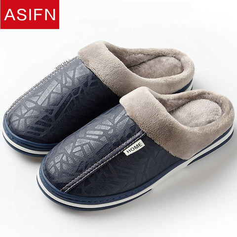 ASIFN Men Slippers Indoor Leather Winter Waterproof Warm Home Fur Women Slipper Male Couple Platform Shoes Fluffy Big Sizes